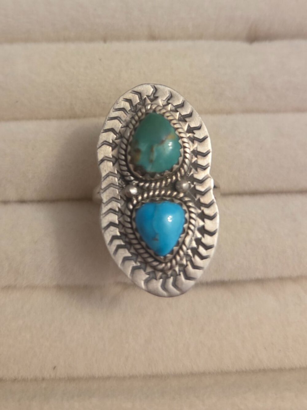 Vintage Native Silver Dual Turquoise Ring Size 8